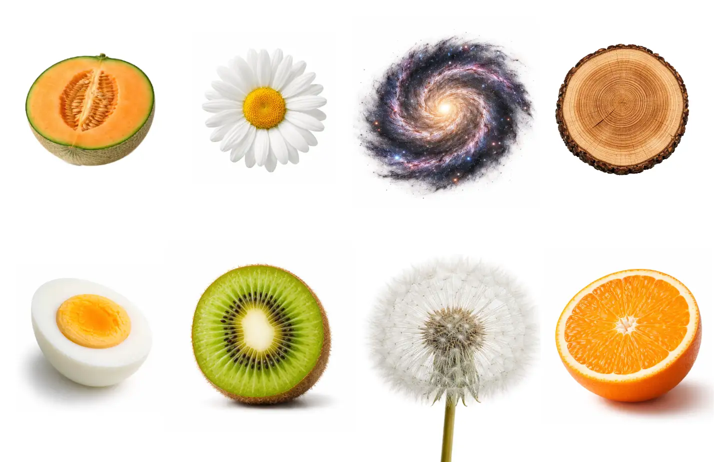 Collage showing a sliced melon, daisy, tree rings, boiled egg, dandelion, and orange, each with its core in the center, illustrating central design patterns in nature as examples of a concave earth concept and the artistic expressions of the Creator.