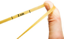 An elastic band being stretched out by a single finger