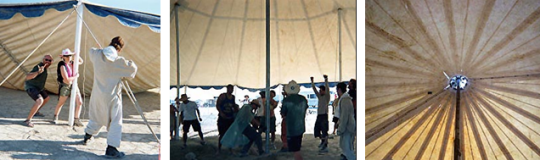 Images of a tent being stretched out and put in place