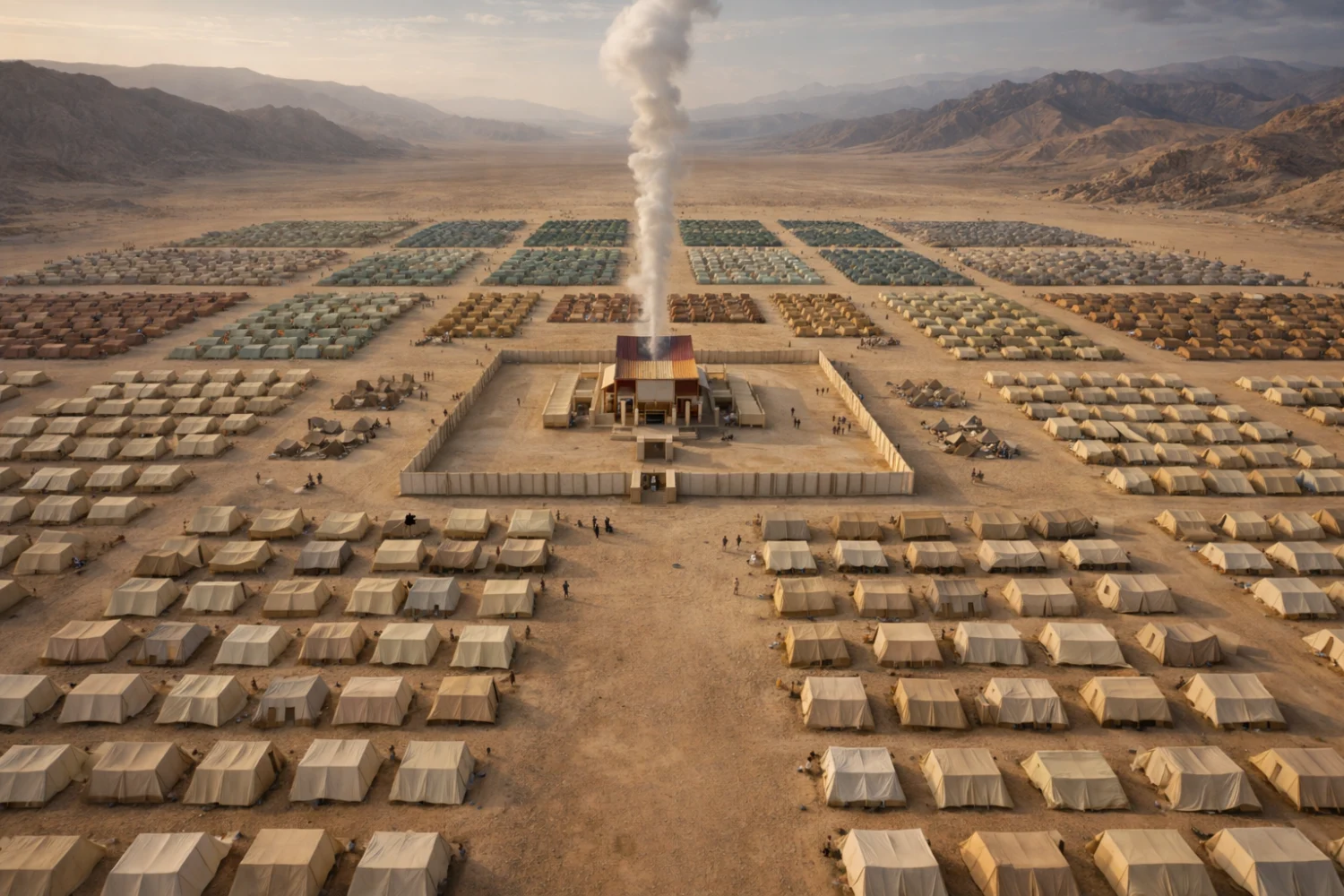 Hyper-realistic horizontal image of the Twelve Tribes of Israel encamped in a symmetrical desert formation around the central Tabernacle housing the Ark of the Covenant, with the Levites nearest the sanctuary and the other tribes arranged farther out in ordered concentric squares.