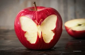 Hyper realistic image of a butterfly shape carved out of a red apple, symbolizing new life and transformation