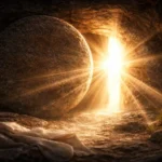 Stone rolled away from the empty tomb of Jesus as bright light shines out of the grave, with linen cloths on the ground in a rocky cave setting