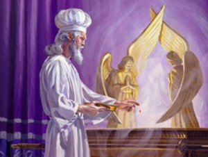 Jewish high priest dressed in linnen performing tasks in the Holy of Holies or Qodes haq-Qodasim