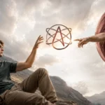 Young atheist reaching toward a divine figure across an atheism symbol, illustrating the problem of evil and suffering.