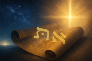 Vibrant digital artwork showing the Hebrew Aleph and Taw glowing across an ancient scroll, connecting creation in Genesis to fulfillment in Revelation.