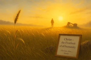 A golden sunrise over a barley field symbolizes Christ’s resurrection as the Firstfruit of humanity. A single ripe barley sheaf sways in the light while a distant figure stands bathed in morning glory beside a broken ancient gate, representing victory over death and new life.