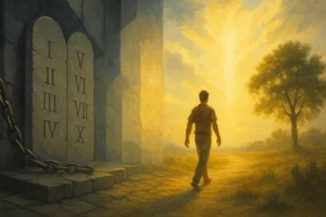 A digital painting showing the contrast between the cold rigidity of law and the warm light of true spiritual freedom inspired by Galatians 5.