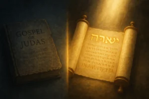 Digital artwork showing a dark codex titled “Gospel of Judas” contrasted with a glowing scroll of the true Gospels under a golden beam of light, symbolizing truth overcoming distortion.