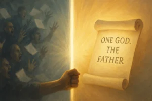 A digital painting illustrating the message “One God, the Father”: on the left, a chaotic crowd symbolizes misinformation, while on the right, golden light shines from an open scroll representing divine truth and clarity.