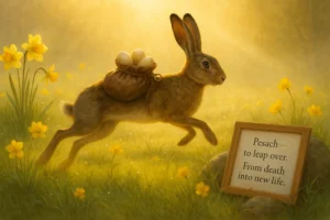 A hyper-realistic digital artwork of a hare mid-leap through a golden spring meadow at sunrise, carrying a small leather pouch with glowing eggs on its back. The scene symbolizes Pesach — the leap from death into new life — with warm sunlight, daffodils, and a framed inscription reading “Pesach — to leap over. From death into new life."