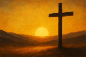 Digital painting of a wooden cross at sunrise over Golgotha, golden light symbolizing divine reconciliation and the overpowering love of God, inspired by Andre Piet’s Bible study on true reconciliation.