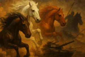 Four symbolic horses from Revelation charging through smoke with a modern tank, representing military power in Bible prophecy