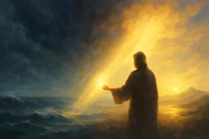 Horizontal digital artwork inspired by Romans 3:3, showing a stormy sea under dark clouds on the left and radiant golden light breaking through on the right. A divine figure stands between shadow and light, symbolizing God’s unchanging faithfulness and presence that reaches through human doubt and distance.
