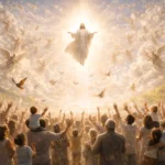 Christ Jesus ascending in radiant divine light above a large crowd of people reaching upward, with clouds and a vast heavenly host surrounding Him in the sky