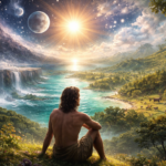 Adam sitting on a hill in the Garden of Eden overlooking a valley while witnessing a vision of the six days of creation, including the separation of light and darkness, sun moon and stars, division of land and sea, and the appearance of plants