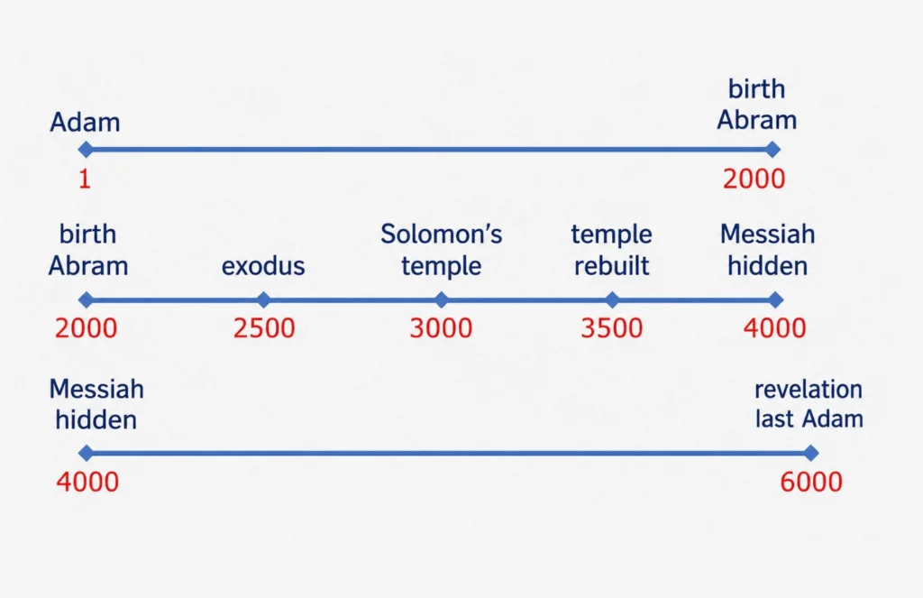 Biblical timeline from Adam to the revelation of the last Adam, showing Abram’s birth, the exodus, Solomon’s temple, the rebuilt temple, and the hidden Messiah.