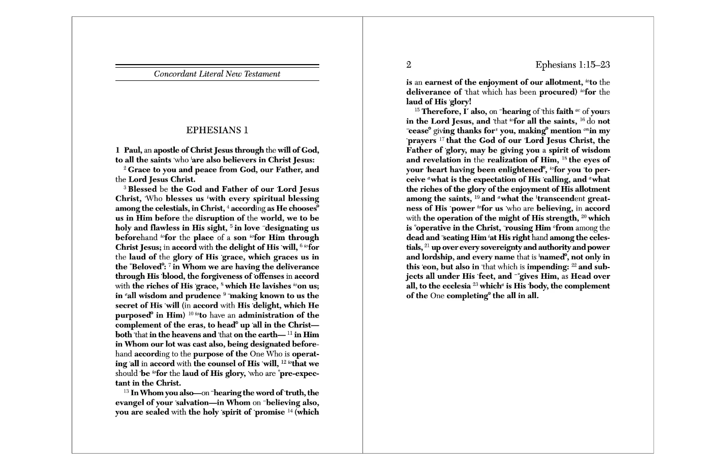 Excerpt of Ephesians 1: 1-23 in the Concordant Literal New Testament Bible translation