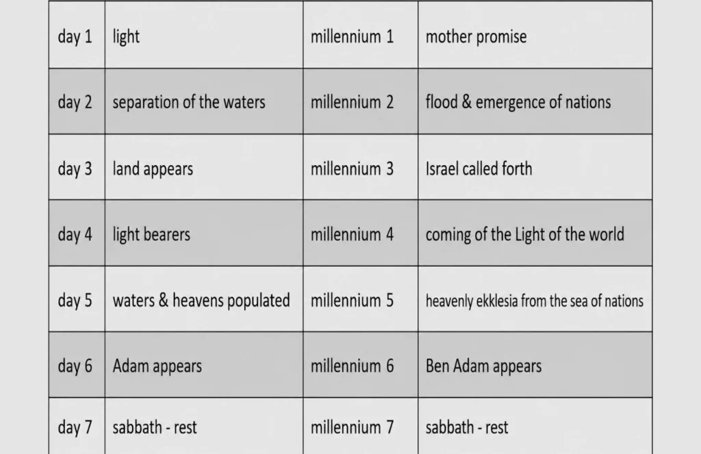 English comparison table linking the seven creation days in Genesis 1 with seven millennia, including light, separation of waters, Adam, Ben Adam, and sabbath rest.