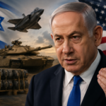 Illustration of Israeli and American flags, military aircraft, tanks, and defense supplies symbolizing Israel’s shift from U.S. aid toward military independence.