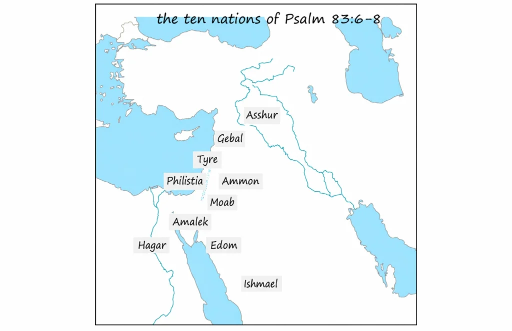 Biblical map of the ten nations in Psalm 83:6-8, showing Asshur, Gebal, Tyre, Philistia, Ammon, Moab, Amalek, Hagar, Edom, and Ishmael.