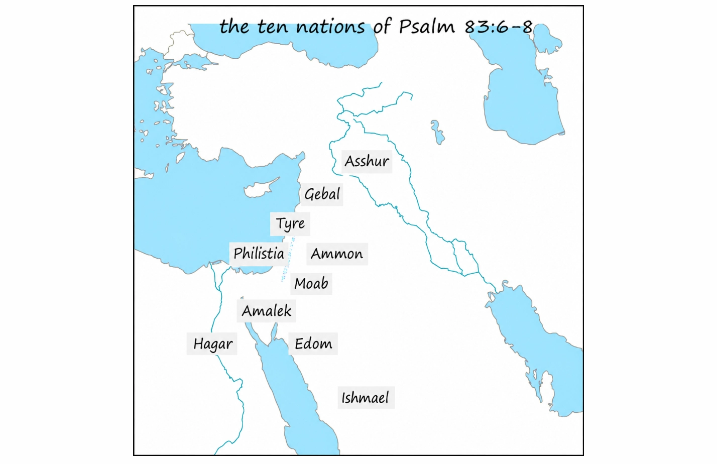 Biblical map of the ten nations in Psalm 83:6-8, showing Asshur, Gebal, Tyre, Philistia, Ammon, Moab, Amalek, Hagar, Edom, and Ishmael.