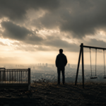 A man on a hill overlooking a grim city view, symbolizing declining birth rates, family, and lost expectation.