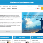 Screenshot of the UltimateGoodNews.com homepage with English Bible studies, articles, Bible verses, diagrams, and archive resources.
