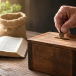 A hand placing a coin into a wooden offering box beside an open Bible.