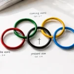 Five interlocking colored rings illustrate the biblical eons, labeled “before eonian times,” “from the eons,” “present eon,” “coming eons,” and “conclusion of the eons,” with Scripture references.