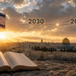 An outlook on the temple mount in Jerusalem with a symbolic timeline linking 2030 and 2033.