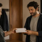 Modern man receiving a envelope message while unrest remains outside.