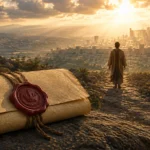 Believer walking towards the Kingdom beside a sealed document symbolizing a believer’s guaranteed allotment in God’s Kingdom.