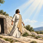 Jesus standing outside an opened tomb at dawn, symbolizing the Son roused from among the dead in 1 Thessalonians 1:10.