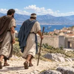 Paul and his companions entering Thessalonica after suffering in Philippi, illustrating 1 Thessalonians 2:1–2.